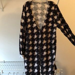 Black multi print button sweater.